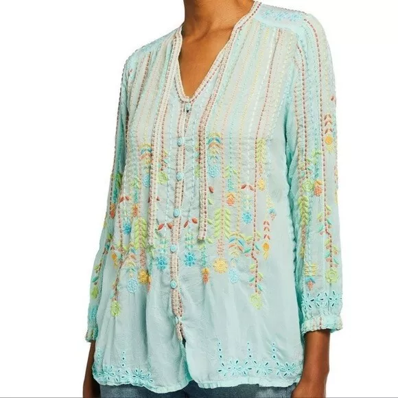 NWT JOHNNY WAS SIZE SMALL Aqua Georgette Embroidered Relaxed Fit Tunic Blouse