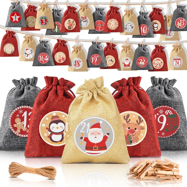 Calendrier De L’Avent à Remplir – 24 Sachets Velours Numérotés + Corde + Pinces – DIY Réutilisable