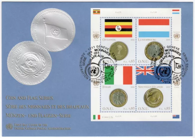 2006 UN Geneva FDC - Coin and Flag Series - Block 4 Stamps, Italy +3 Countries