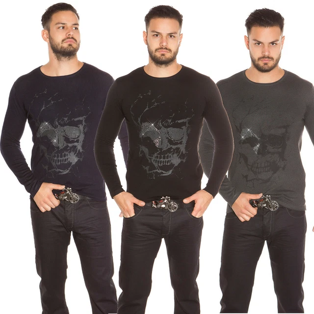 Maglione uomo pullover teschio disco girocollo maniche lunghe strech nuovo