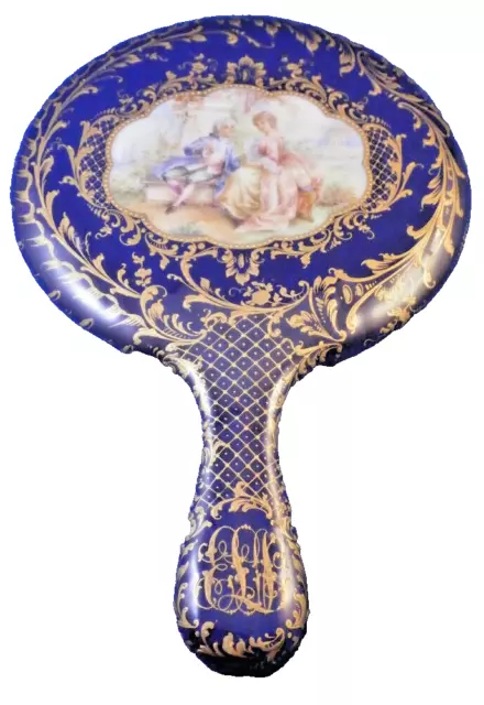 19thC Dresden Porzellan Szenerie Kobaltblau & Gold Handspiegel Porzellan