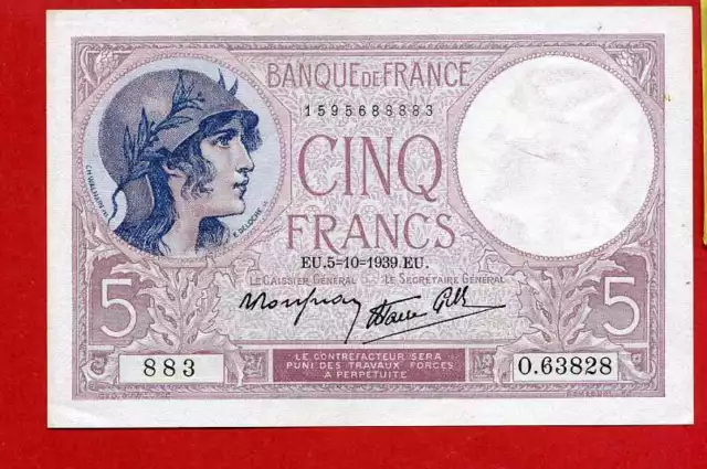 (Ref: O.638)  5 FRANCS VIOLET 5/10/1939 (NEUF)