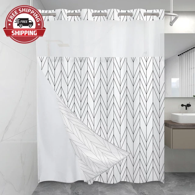 No Hook Geometric Striped Shower Curtain with Snap in Fabric Liner Set - Hotel S