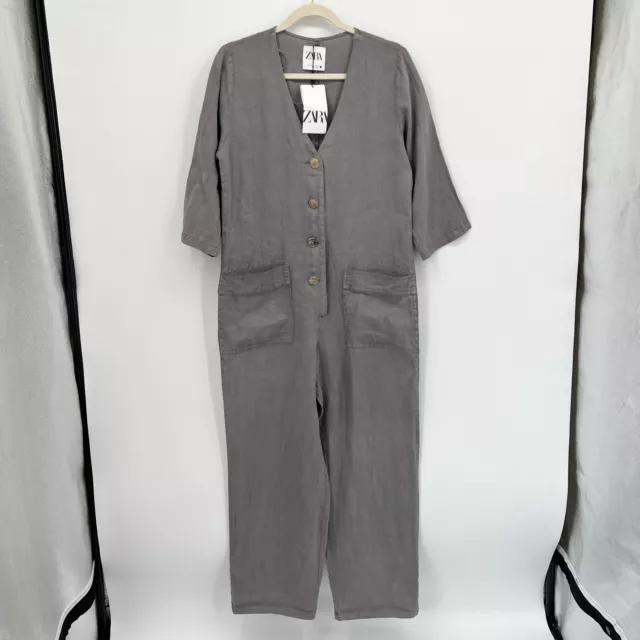 Zara Jumpsuit Womens Small Gray Linen Lillian Romper Utility Boilersuit Pockets