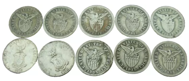 Philippines 1907-1944 Silver 10 Centavos Lot of 10 Coins Circulated