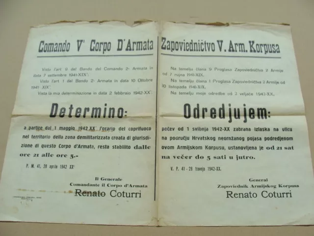 Manifesto Comando V Corpo D'armata Ordinanza Coprifuoco 1942 Guerra Epoca Italia