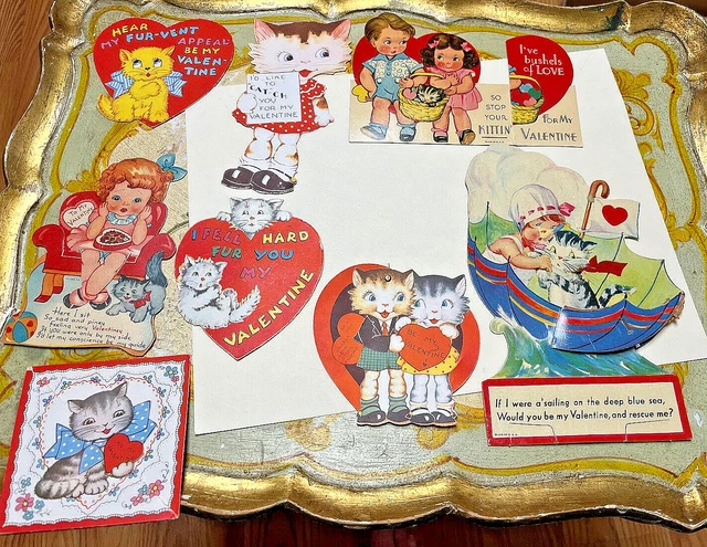 8 Old  1930'S Mech Honeycomb Kitten Kitty Cat Valentine's Day Greeting Cards Lot