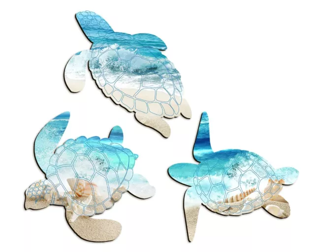 3 Pieces Wooden Turtle Wall Decor -Sea Turtle Wall Art- Ocean Beach Bathroom Wal