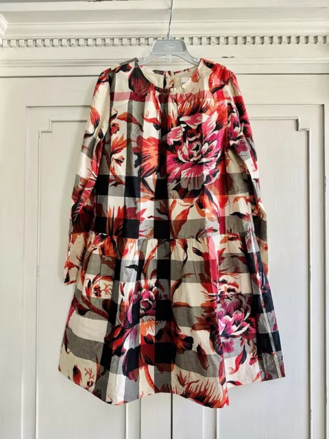 Burberry Nova Plaid &Floral Cotton Long Sleeve Dress Beige Red Black Sz 12