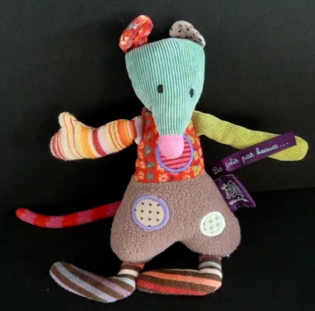 S4. DOUDOU PELUCHE MOULIN ROTY RAT SOURIS LES JOLIS PAS BEAUX VERT BLEU 19cm TBE