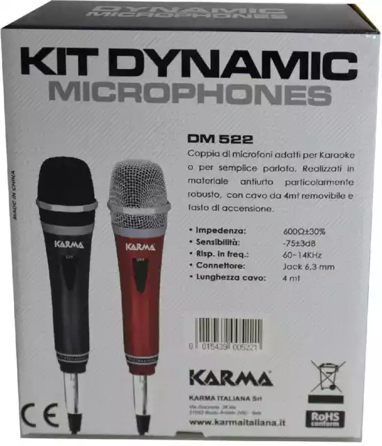 KARMA Kit 2 microfoni dinamici  Jack 6,3mm Colore Nero e Rosso - DM 522