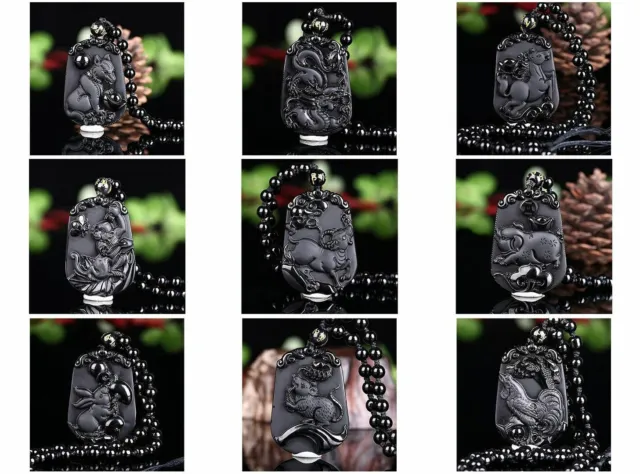 Natural black Obsidian Chinese zodiac necklace Amulet animals pendant bead chain 2
