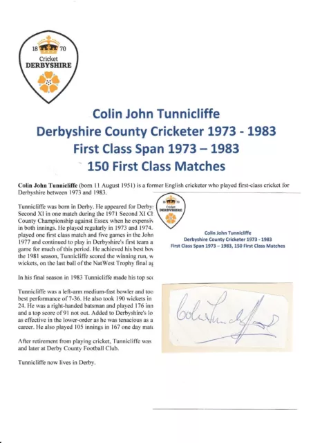 Colin Tunnicliffe Derbyshire Cricketer 1973-1983 Original Hand Signed Cutting