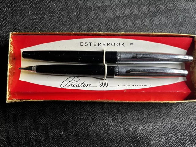 NEW - Esterbrook Phaeton 300 Fountain Pen & Pencil Set Black with Chrome Cap Box