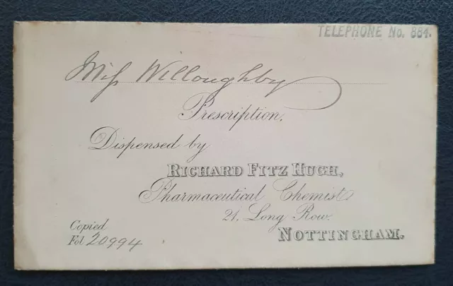 Antique Prescription Envelope Richard Fitz Hugh Chemist 21 Long Row Nottingham