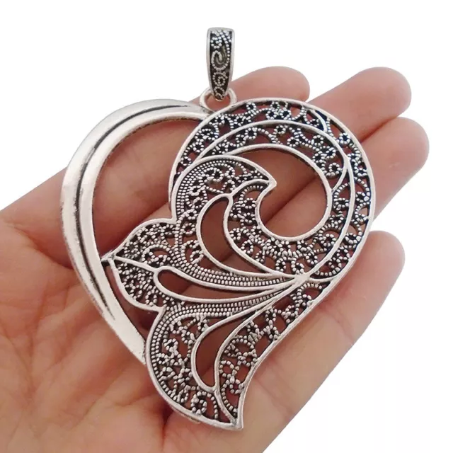 2 x Antique Silver Tone Large Heart Charms Pendants for Necklace Jewelry Making