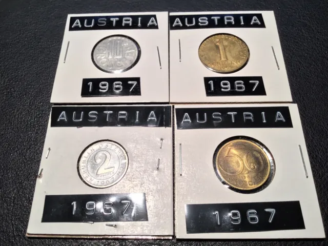 Lot of 4 1967 Austria  Coins, 1 Schilling, 2 Groschen, 10 Groschen & 50 Groschen
