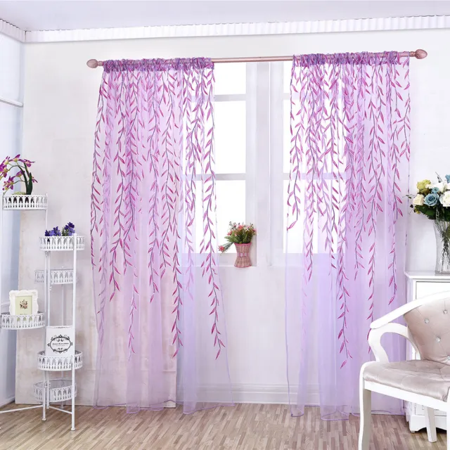 1-4 Panels Leaf Printed Tulle Voile Door Window Curtain Sheer Home Decoration US