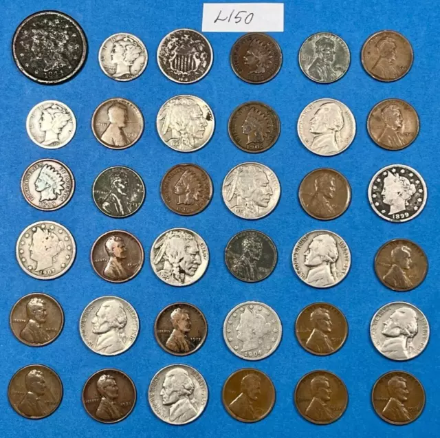 Estate Lot Of 36 Old Coins 1844 Large Cent Mercury Dimes Indian Head Penny #L150