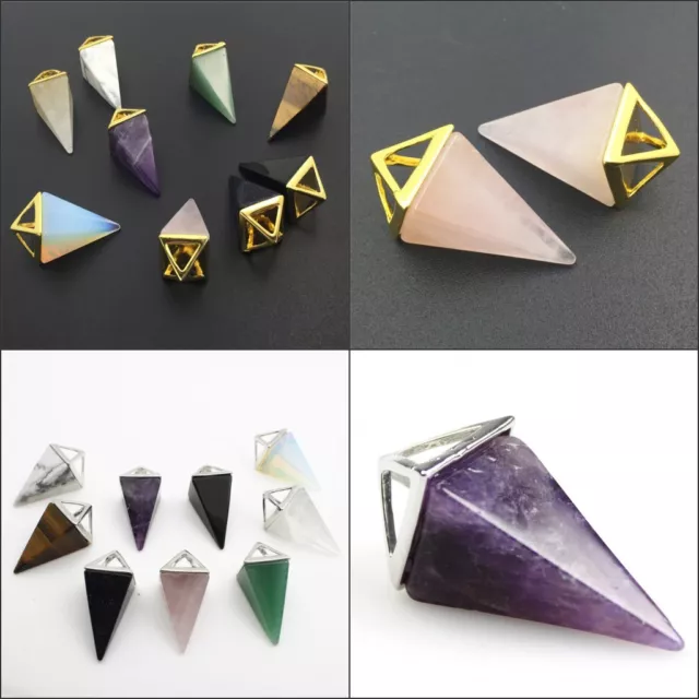 Natural Gemstones Pyramid Pointed Reiki Chakra Silver Gold Pendant for Necklace