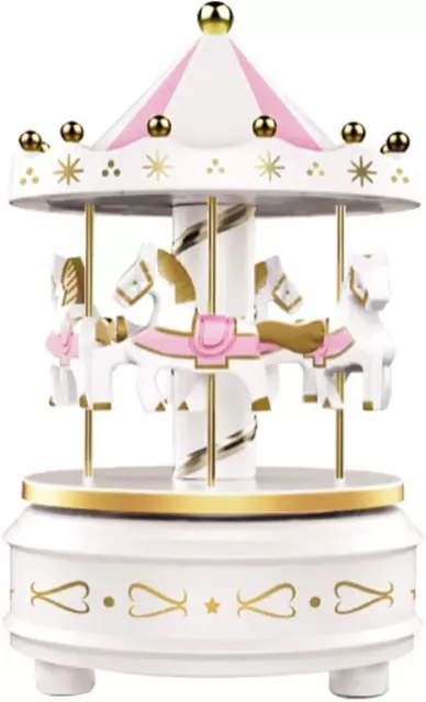 Carousel Music Box - Easy Twist, White - 4 Horse Classic Decor, Melody Beethoven