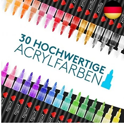 ZMILLA® Acrylstifte (30 Farben) - Extra Dünne 0,7mm Spitze - Inklusive EBook - W