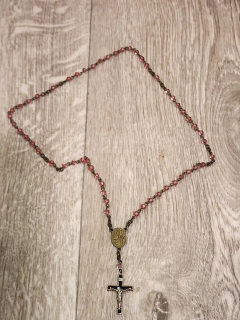 Vintage OK PSCO. Catholic Rosary Necklace Pink Glass Beads Medal & Crucifix