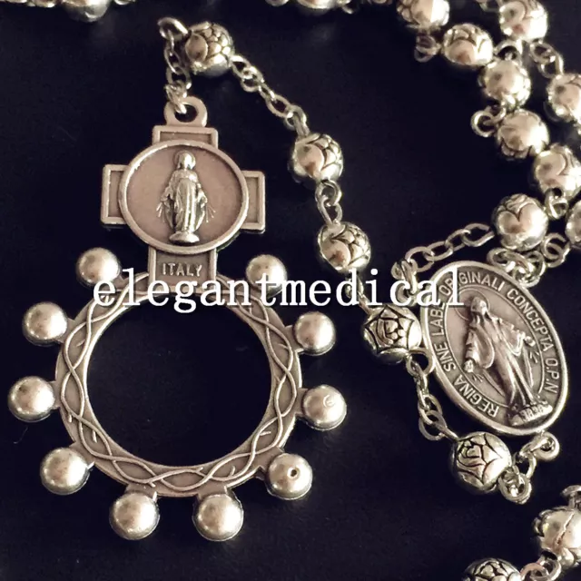 SILVER Rose Beads AVE MARIA ROSARY AND RING  Crucifix Cross catholic necklace