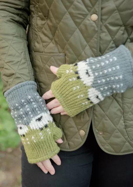 Women's Fair Trade Hand Knitted Woolen Wrist Warmers Fingerless Gloves Sheep