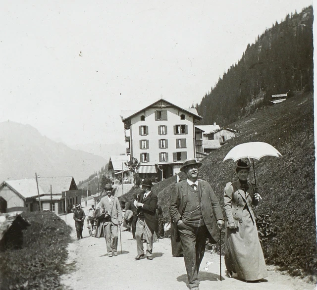 Montagne Touristes c1910 Photo Plaque de verre Stereo Vintage V34L4n