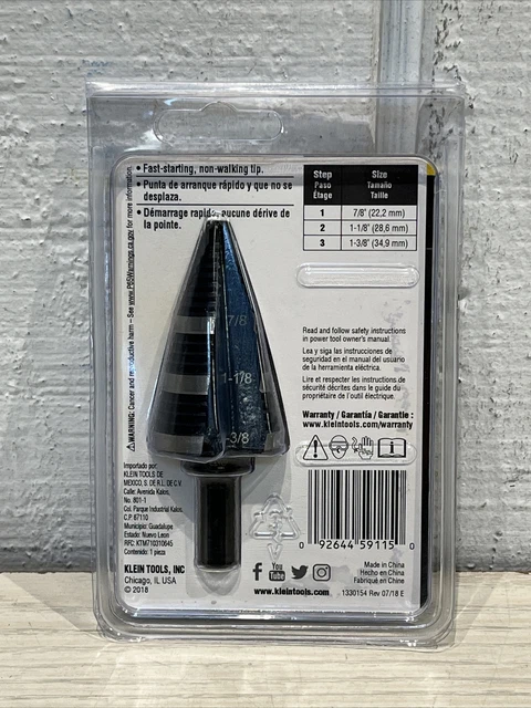 Klein Tools KTSB15 Step Drill Bit #15 3 Hole Sizes: 7/8”, 1-1/8”, 1-3/8” NEW 2