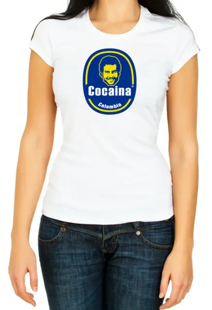 Pablo Escobar Colombia Cocaina, T-Shirt Bianco Donna 3/4 Manica Corta F087