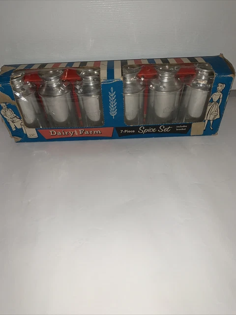 Juego de 7 especias vintage de aluminio para granja lechera con soporte en caja original