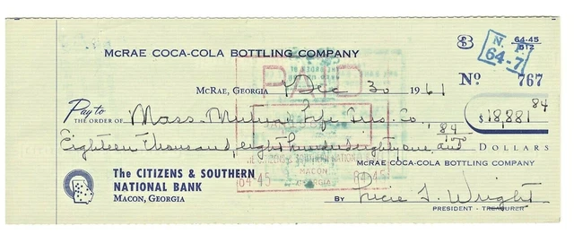 December 1961 Coke Coca Cola Bottling Company Check, McRae GA Georgia