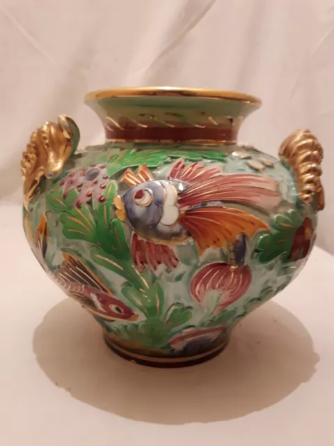 Vase En Faience De  Cerdazur Monaco  Decor De Poissons Combattant