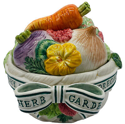 Fitz & Floyd Herb Garden Covered Basket Weave Veggies Flowers Lidded Bowl CHIPS
