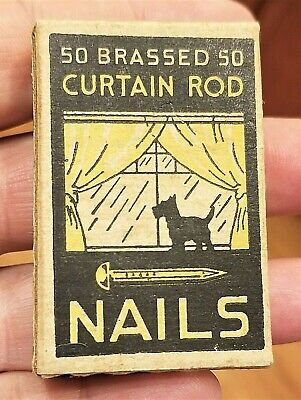 2" vintage BOX of BRASSED CURTAIN ROD NAILS with Scottish Dog on Front