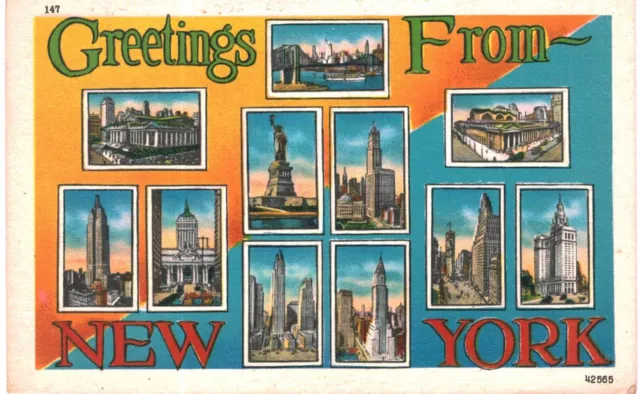 NYC Large Letter Greetings From New York Multiview Linen 1954 New York City