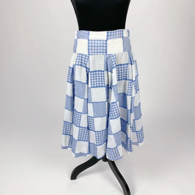 Vintage 60s 70s Handmade Plaid Blue White A-Line Skirt 30" Waist Boho Prairie