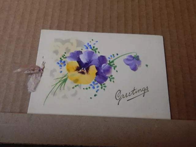 Vintage greetings Card Pansies Hand painted 12 x 8cm 2