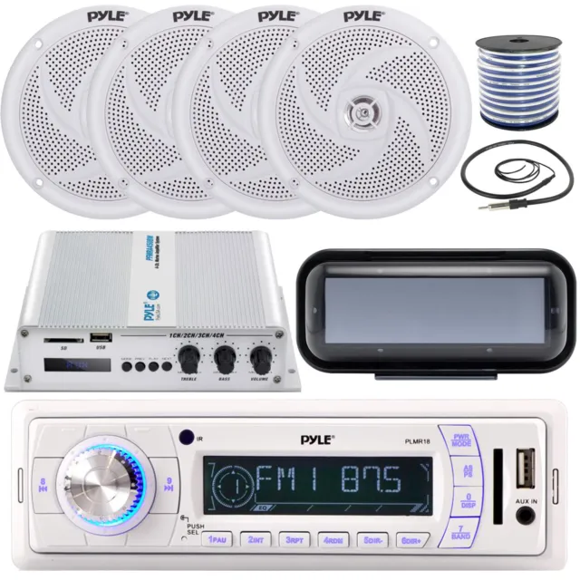 Pyle PLMR18 Receiver w/ Cover, 4 x 4'' 100W Speakers w/ Wire, Amplifier, Antenna