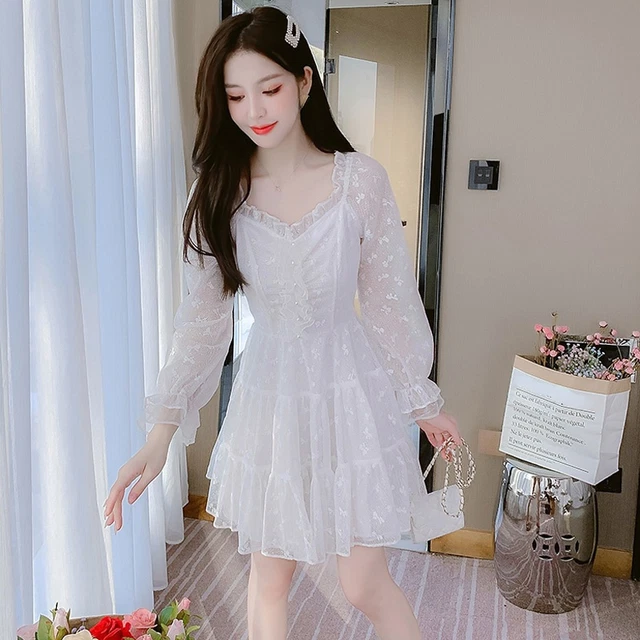 Donna Pizzo Mini Abito Manica Lunga a Balze Rete Strati Rosa Carino Lolita Dolce