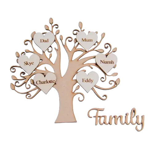 Personalised Wooden Family Tree Shape with Personalised Hearts & Family sign
