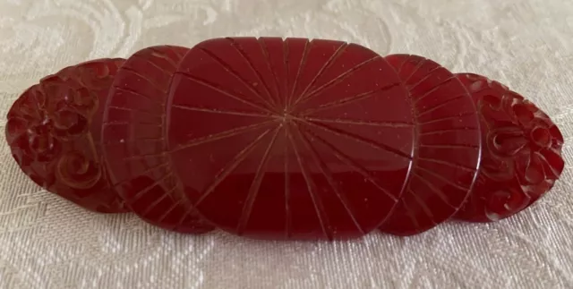 Vintage Bakelite BROOCH Red Carved PIN Chunky Plastic MCM Floral Geometric 84mm