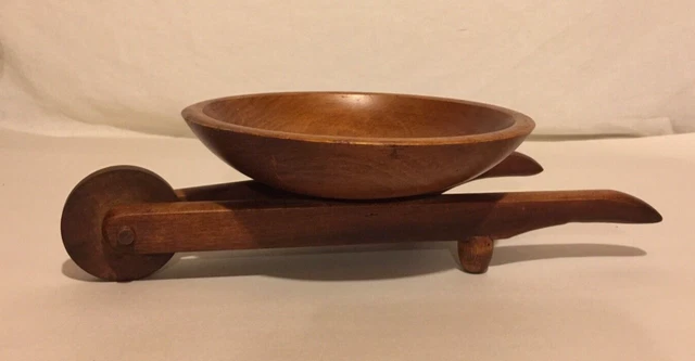 Vtg Wooden serving bowl hand turned wheel Barrel candy nut dish folk art