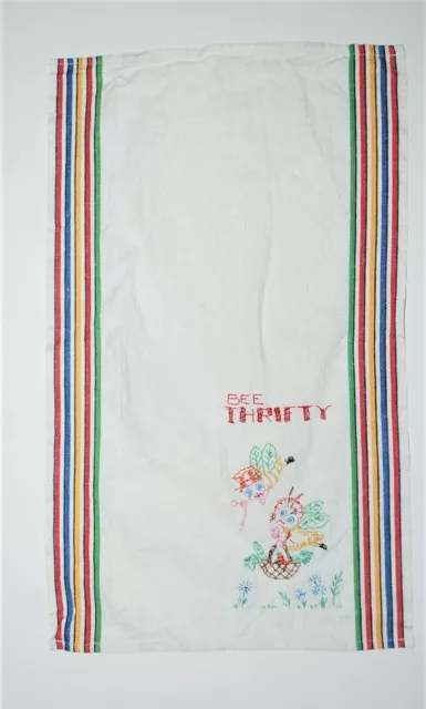 Vintage Dish Towel Embroidered BEE THRIFTY White Linen Striped