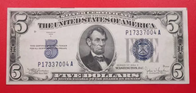 US $5.00 Dollar 1934 Silver Certificate Blue Seal  Bank Note - P173370084
