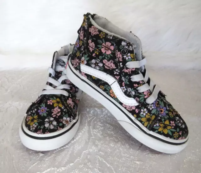 Little Girls Kids Vans Hi-Zip Fun Floral Sneakers Black White Pink Sz 8 Toddler