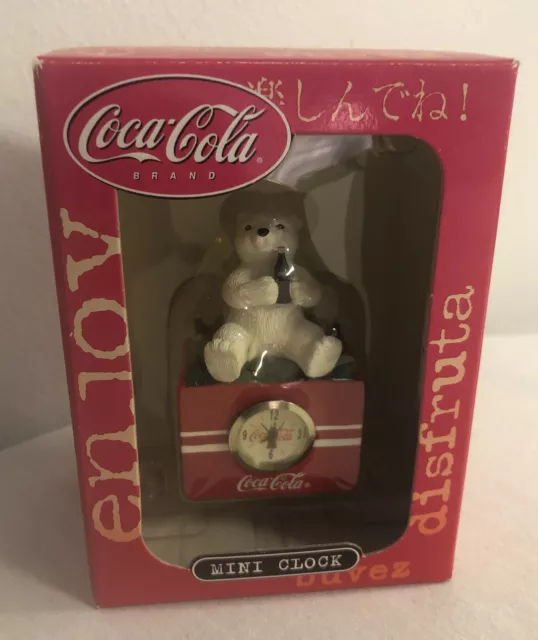 New Coca Cola Mini Clock White Polar Bear New In Box 3”