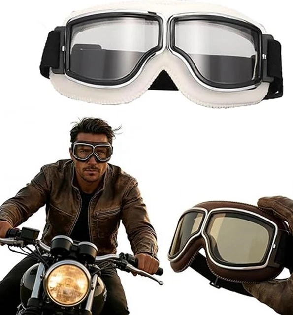 Evomosa Lunettes Moto Rétro En Cuir PU - Lunettes Soleil Coupe-Vent Pour Vélo, ATV, Motocross (Noir A)